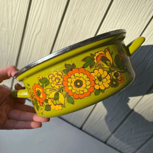 VTG 70s Avocado Green Floral Enamel Pot w/ Glass Lid Retro Boho Kitchen Decor - Picture 13 of 14